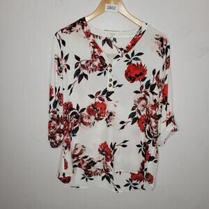 Maurice’s Women Top Size‎ Large Pullover Floral Red White Roll Tab Sleeve Flowy